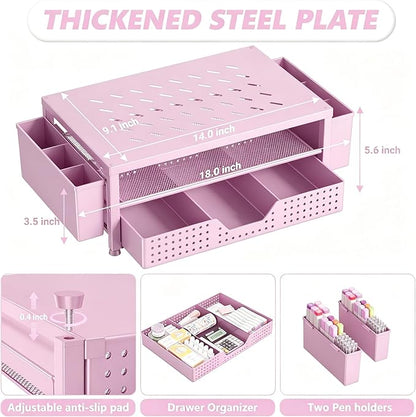 OPNICE Laptop Stand for Desk Organizer and Accessories, 2-Tier Computer Monitor Stand Riser with Drawer and 2 Pen Holders, Ventilated Perforated Steel Top, Office Desk Accessories for Home Office Supplies, Pink