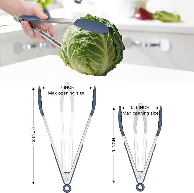 HOTEC Premium Stainless Steel Locking Kitchen Tongs with Silicon Tips, Set of 2-9" and 12",Dusty Blue