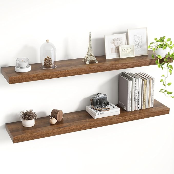 Acovy 40 Inch Floating Shelves, 8 Inch Deep Floating Shelves for Wall, Hanging Shelf with Invisible Brackets, Deep Shelves for Bathroom, Bedroom, Living Room, Walnut, Set of 2