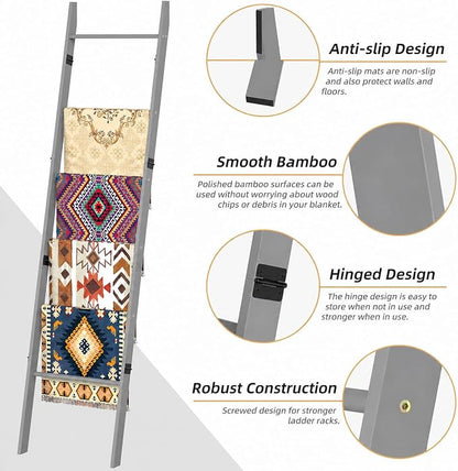 BAMBANG 6-Tier Blanket Ladder for Living Room, Blanket Quilt Ladder Rack Rustic Decorative Towel Holder, Wall Leaning Blanket Ladder Shelf Storage Farmhouse Decor for Bedroom Bathroom, Gray