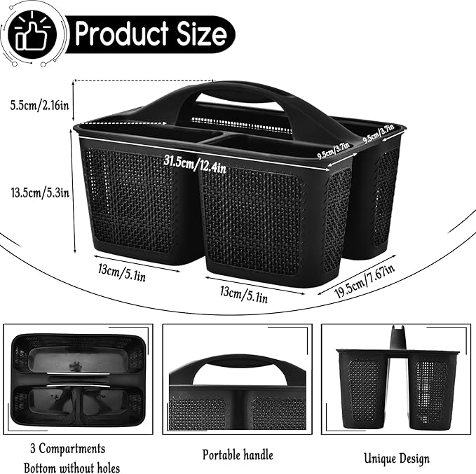 Plastic Black Shower Caddy Basket, Divided Cleaning Portable Shower Basket with Handle Compartments Storage Organizer for Bathroom, College, Kitchen, Dorm Room Essentials