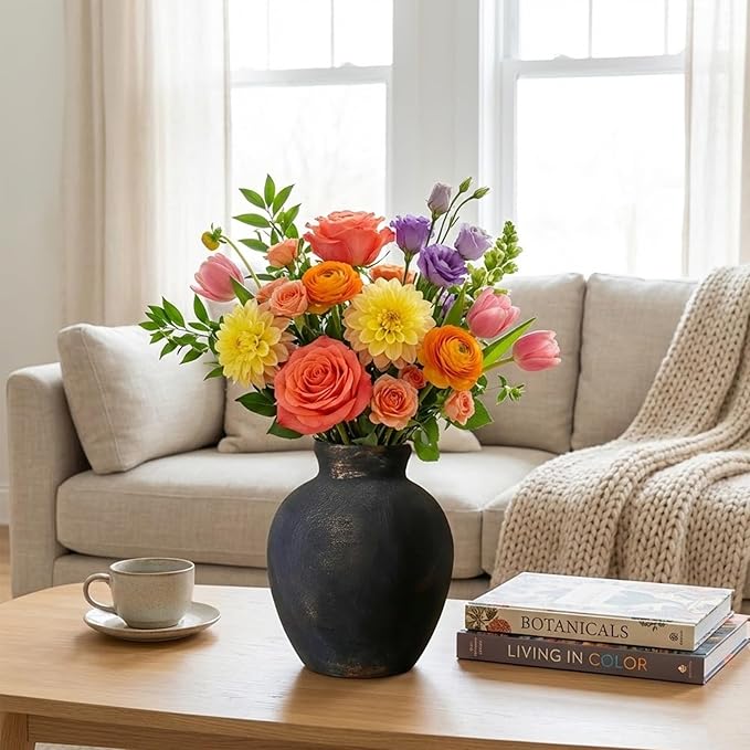NEBRYX Ceramic Vase, 6 inch Minimalist Rustic Farmhouse Terracotta Vase for Home Decor, Table, Living Room, Entryway, Shelf, Mantel Decoration (Black)