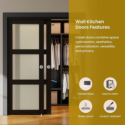 SMARTSTANDARD Bypass Sliding Closet Doors 72x80 in (Double 37in) for Bedroom, 3-Lite Frosted Glass Bypass Door with Hardware Kit Included, Preassembled Door Panel, Water-Proof PVC Surface, Black
