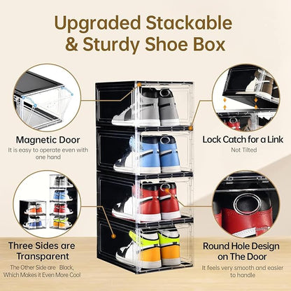 Amllas 10 Pack Shoe Boxes Stackable,Upgraded Sturdy Storage Boxes with Clear Magnetic Door,Multifunctional Sneaker Organizer Fit up to US Size 12 (13.8”x 9.84”x 7.1”)