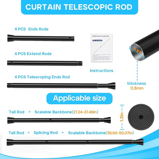 MEXAU 4 Pack Black Tension Rod 28 To 48 Inch Adjustable Spring Tension Curtain Rods No Drilling Short Curtain Rod Extendable Small Spring Tension Rod for Closet Cupboard Bars Refrigerator