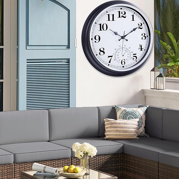 16 Inch Large Outdoor Clock, Retro Waterproof Indoor/Outdoor Clock Non-Ticking Clock with Thermometer, Battery Operated Wall Clock for Patio, Garden, Pool - Black