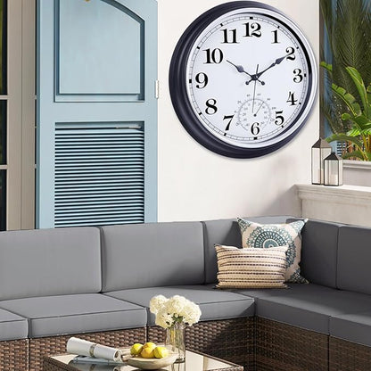 16 Inch Large Outdoor Clock, Retro Waterproof Indoor/Outdoor Clock Non-Ticking Clock with Thermometer, Battery Operated Wall Clock for Patio, Garden, Pool - Black