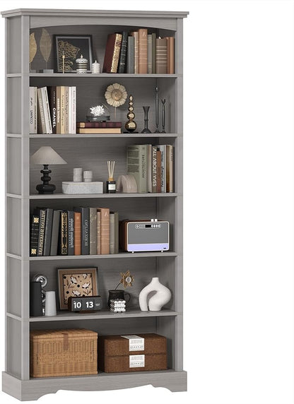 TVU 6-Tier Wooden Bookshelf, 76 Inch Tall Bookshelf with Storage, Floor Standing Modern Style Display Bookcase for Living Room, Office, Study Room, Entryway, Grey