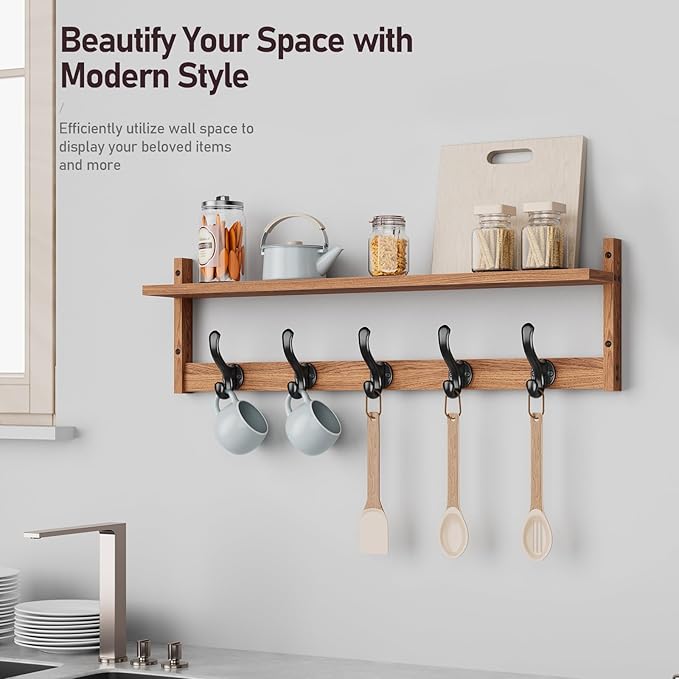 Tatub 29'' Coat Rack Wall Mount with Shelf, Wood Wall Hooks with Storage, Entryway Shelf with 5 Hangers for Bathroom, Living Room, Bedroom, Rustic Brown