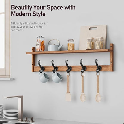 Tatub 29'' Coat Rack Wall Mount with Shelf, Wood Wall Hooks with Storage, Entryway Shelf with 5 Hangers for Bathroom, Living Room, Bedroom, Rustic Brown