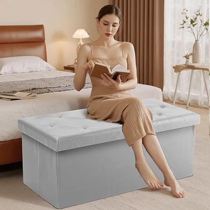DUMOS 43 Inch Folding Storage Ottoman Bench, Large Storage Chest withThicker Foam Padded Seat, End of Bed Foot Rest Stool for Bedroom Living Room Entryway, Load 660 lbs, Lychee Grain Leather, Grey