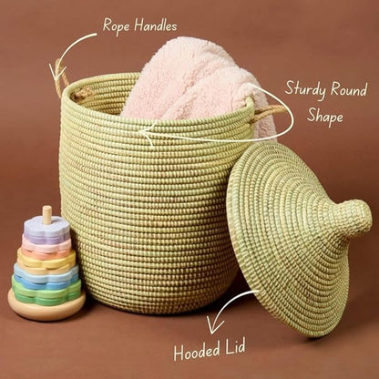Small Natural Beige Decorative Woven Wicker Basket Hamper - Organize Laundry, Toys, Blankets, Pillows, Clothes, Towels - Storage Bins for Home, Baby Nursery, Living Room, Bedroom, Bathroom