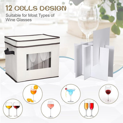 Uiifan 4 Pcs Champagne Flute Storage Box with Dividers 12 Compartment Stemware Storage Cases China Container Box with Lid, Handles, PVC Window for Moving, Beige