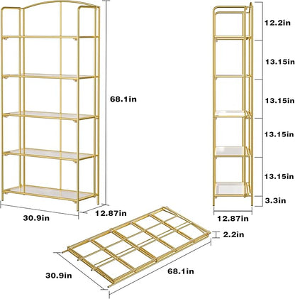 Crofy No Assembly Folding Bookshelf for Living Room, 5 Tier Gold Collapsible Book Shelf for Home Office, Portable Bookcase Storage Organizer