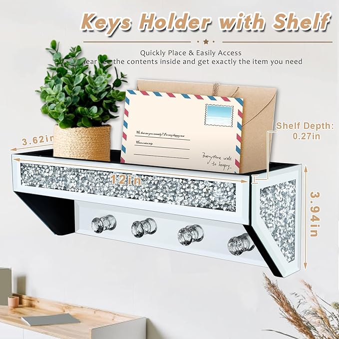 Crushed Diamond Wall Key Holder with Shelf, Crystal Mirror Wall Mounted Key Holder with Shelf for Entryway and Home Decor