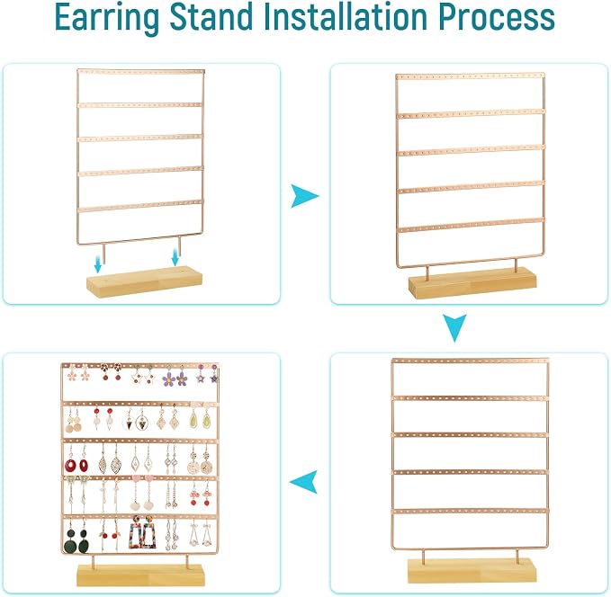 Earring Holder Organizer, 5-Tier Earring Organizer with 60-Pair Capacity, Wooden Base Metal Earring Display, Jewelry Storage & Display for Home Store, Suitable for Women
