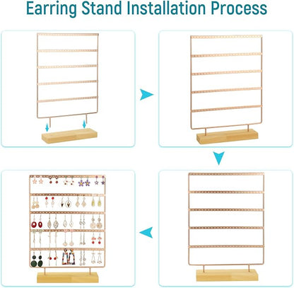 Earring Holder Organizer, 5-Tier Earring Organizer with 60-Pair Capacity, Wooden Base Metal Earring Display, Jewelry Storage & Display for Home Store, Suitable for Women