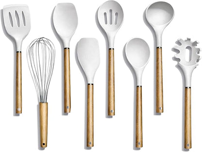 Country Kitchen Non Stick Silicone Utensil Set with Rounded Wood Handles for Cooking and Baking, 8 Piece Set, White