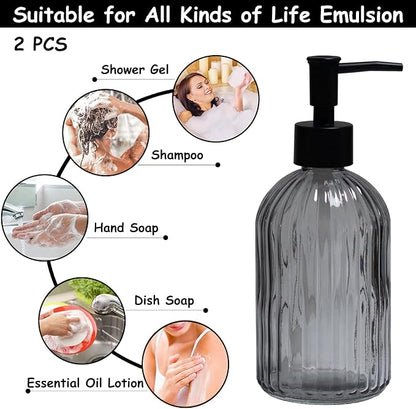 Gray Glass Soap Dispenser Set with Black Pump, 13.5oz Refillable Liquid Hand Soap Dispenser, Lotion Dish Soap Dispenser for Modern Home Decor, Bathroom, Kitchen Countertop, Hotel(2 Pack)