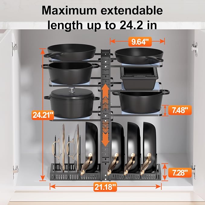 LAMU Pots and Pans Organizer under Cabinet, Adjustable Height Up to 24'', 6 Tier Pot Organizer Rack with 6 Horizontal Dividers, Adjustable Pot and Pan Organizer for Kitchen Storage, Black