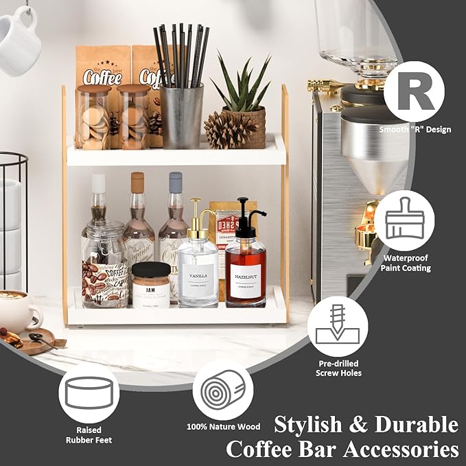 Coffee Bar Organizer for Countertop, Multifunctional Coffee Station Organizer for Accessories Storage, 2 Tier Wooden Shelf for Coffeebar, Countertop, Corner