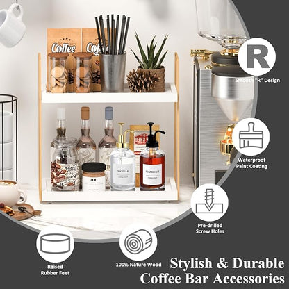Coffee Bar Organizer for Countertop, Multifunctional Coffee Station Organizer for Accessories Storage, 2 Tier Wooden Shelf for Coffeebar, Countertop, Corner
