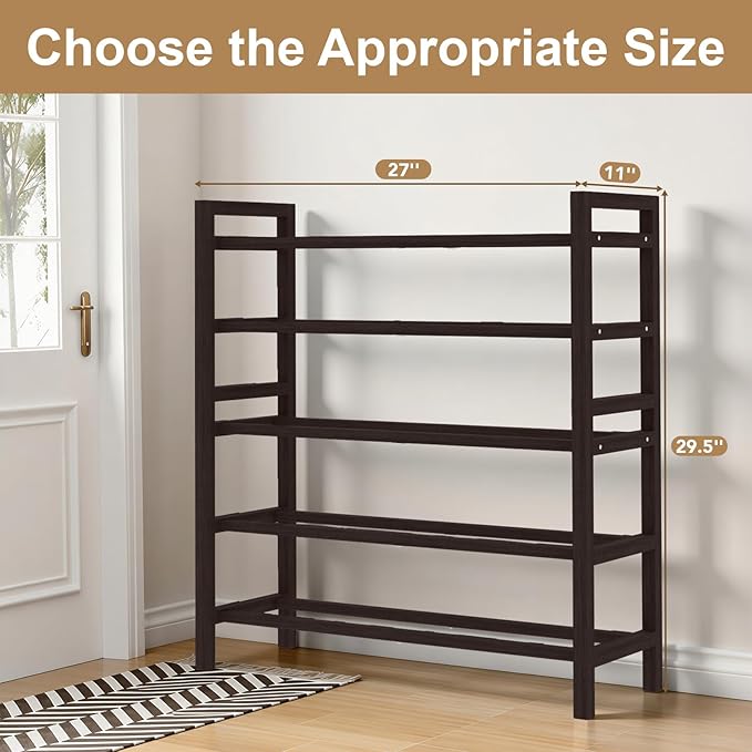 Haddockway Bamboo Shoe Rack for Closet, Free Standing Shoe Organizer with Smooth Round Rods & Convenient Handles, Stackable Shoe Storage Shelf for Entryway, Hallway(Brown, 5-Tier)