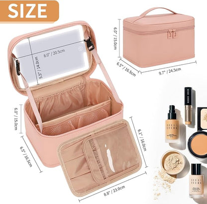Makeup Bag With LED Mirror, Lightweight Travel Makeup Bag With 3 Color Setting Light Up Mirror Cosmetic Organizer Vanity Case for Women Beauty Tools Accessories Rechargeable Makeup Train Case-Pink