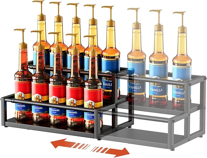 Nuovoware Expandable Coffee Syrup Organizer, 2-Tier Syrup Rack Holds 10-16 Bottles, Adjustable Width Carbon Steel Coffee Bar Organizer for Countertop Kitchen Bar, Liquor Dressing Seasoning, Black
