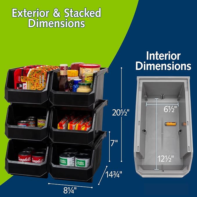 ReadySpace Large Plastic Storage Bins, Stackable Organizer Containers for Closet Pantry Shelf Garage and Office Organization, Black, 6 Pack