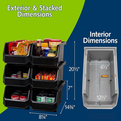 ReadySpace Large Plastic Storage Bins, Stackable Organizer Containers for Closet Pantry Shelf Garage and Office Organization, Black, 6 Pack