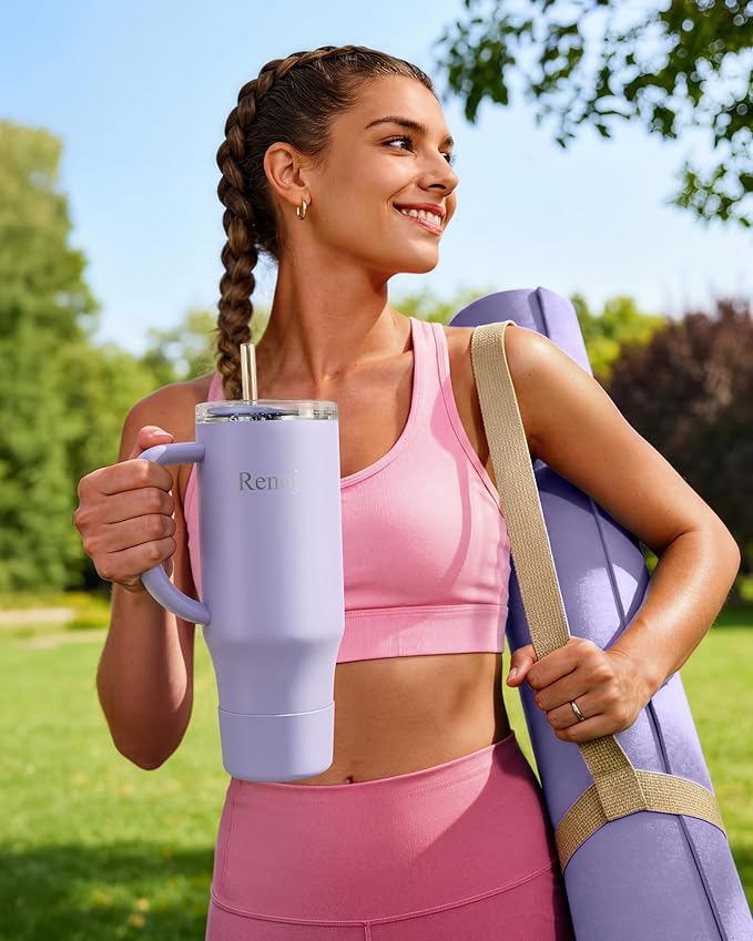 Renoj Tumbler with Handle 100% Spill Resistant Insulated Water Bottle for Iced Coffee & Hot Drinks - Fits Car Cup Holder, Ideal Gift, 2 Straws & Silicone Boot BPA-Free - FlexSlide Blue 40 oz