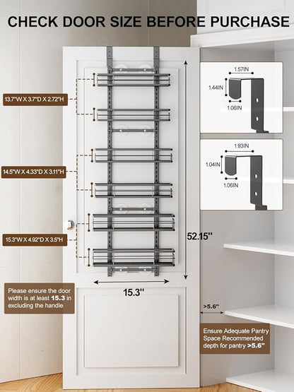 Delamu Over the Door Pantry Organizer, 6 Tier Pantry Door Organizer with Adjustable Basket, Door Spice Rack Seasoning Organizer, Metal Hanging Pantry Organizers and Storage for Kitchen,15.3" Black