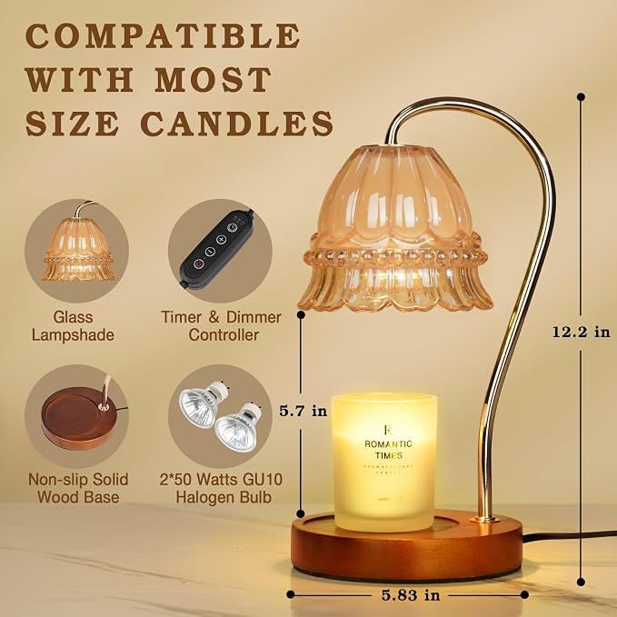 Funistree Flower Candle Warmer Lamp with Timer, Dimmable Candle Lamp Warmer, Christmas Birthday Gifts for Women Mom Her, Housewarming Home Decor, Lotus Wax Warmer for Yankee Candles - Amber Flower