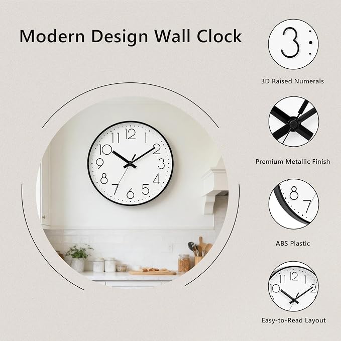 DAXSMY Wall Clock - 8 Inch Silent Non-Ticking Modern 3D Wall Clocks Battery Operated - Decorative Clock for Kitchen, Home Office, Bathroom, Bedroom(White)
