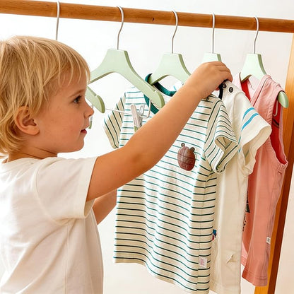Green 12.7" Ultra-Thin Wooden Children Closet Clothes Clips Hangers 20PCS Wood Baby Kids Coat Hangers for Infant Toddler Newborn Jumpsuit Pants Skirts Jeans Space Saving Heavy Duty Durable