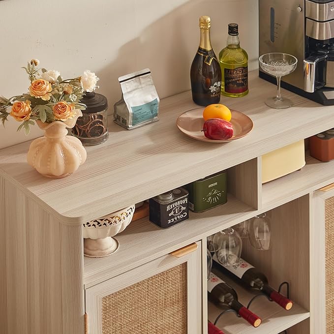 Lerliuo Rattan Wine Cabinet with 2 Doors, Boho Liquor Cabinet with Wine Racks, Farmhouse Coffee Bar Station for Living Room, Dining Room, Kitchen, Grey White