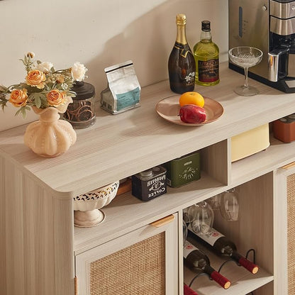 Lerliuo Rattan Wine Cabinet with 2 Doors, Boho Liquor Cabinet with Wine Racks, Farmhouse Coffee Bar Station for Living Room, Dining Room, Kitchen, Grey White