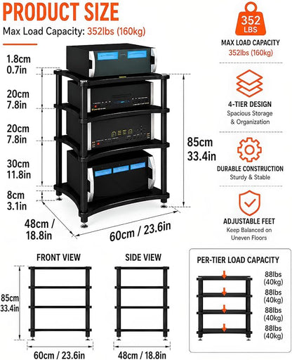 Heavy Duty Audio Component Rack, Large Storage Space AV Media Stand with Shock-Absorbing Foot pegs, Audio Rack Tower CD Player Stand for Home/Office/Audio Video/Theate (Teak, 4th)