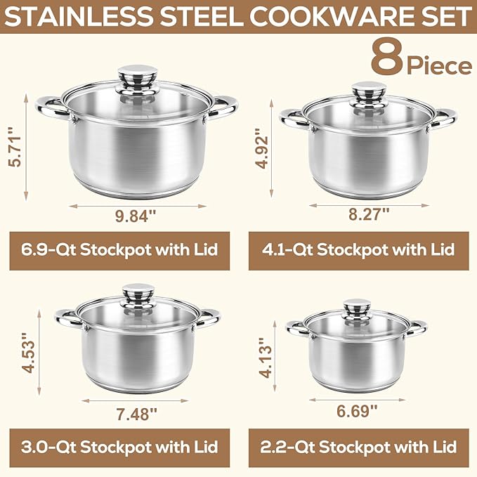 Stainless Steel Cookware Set - 8 Pieces Pots and Pans Nonstick Pot and Pan Set Includes 4 Pots and 4 Visible Lids, with Stay Cooling Handle, Induction & Oven Safe