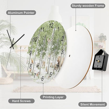 Forest Wood Wall Clock, Cartoon Forest Nature Animal Bear, Deer, Fox, Rabbit Style Pattern 12 Inch Silent Non-Ticking Battery Operated Round Clock for Bedroom Living Room Office Kitchen Decor