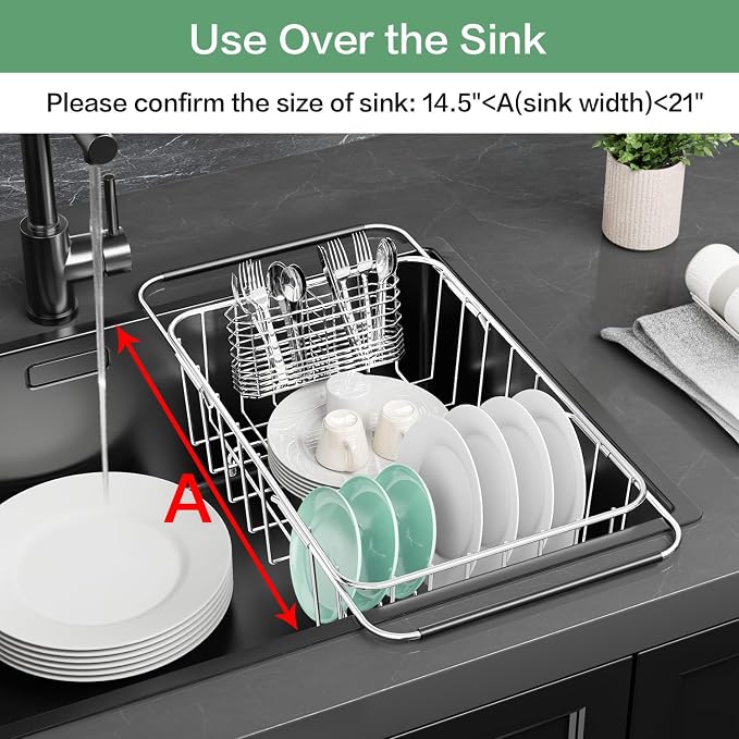 Fanbsy Small Dish Drainer Rack in Sink Adjustable, Expandable Stainless Steel Metal Dish Drying Rack Organizer with Stainless Steel Utensil Holder Over Inside Sink Counter, Rustproof(for 1-2 People)
