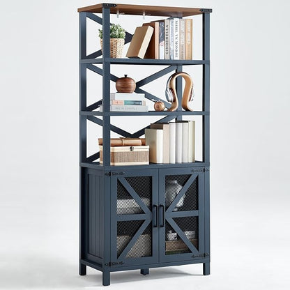 5 Tier Bookshelf 70" Tall Bookcase with Barn Doors,Large Farmhouse Display Book Shelf with Adjustable Shelves and Storage Cabinet,Wood Bookshelves for Living Room,Kitchen,Navy Blue(2PCS)