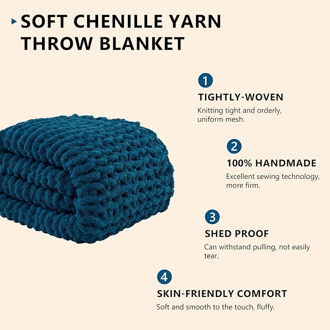 L'AGRATY Chunky Knit Blanket Throw: 50''x60'' Chenille Chunky Knitted Throw Blanket for Bed Couch - Handmade Thick Big Cable Knit Blanket - Large Crochet Rope Blankets for Home Decor(Blue)