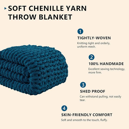 L'AGRATY Chunky Knit Blanket Throw: 50''x60'' Chenille Chunky Knitted Throw Blanket for Bed Couch - Handmade Thick Big Cable Knit Blanket - Large Crochet Rope Blankets for Home Decor(Blue)