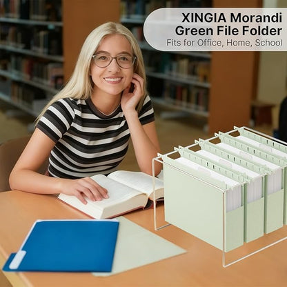 XINGIA Wheat Straw Plastic Hanging File Folders Letter Size,Heavy Duty 2 Inch Expansion,12 Pack Extra Capacity Hang Folders for Filing Cabinet,File Organizer with Insertable Tabs(Morandi Green)