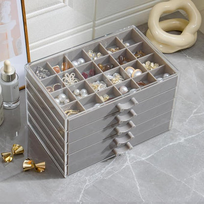YUFONG Earring Storage Box Organizer, Acrylic Jewelry Storage Box Holder 5 Drawers Transparent Jewelry Display Stand with 120 Small Compartments Gift Boxes for Women Girls (Gray)