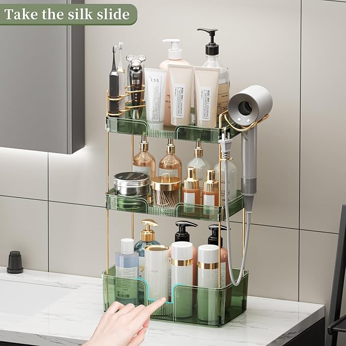 Akinbas 3 Tier Bathroom Organizer Countertop Makeup Perfume Tray Skincare Organizer Comes with Hair Dryer Rack and Toothbrush Holder for Bathroom Dresser Vanity (Green)