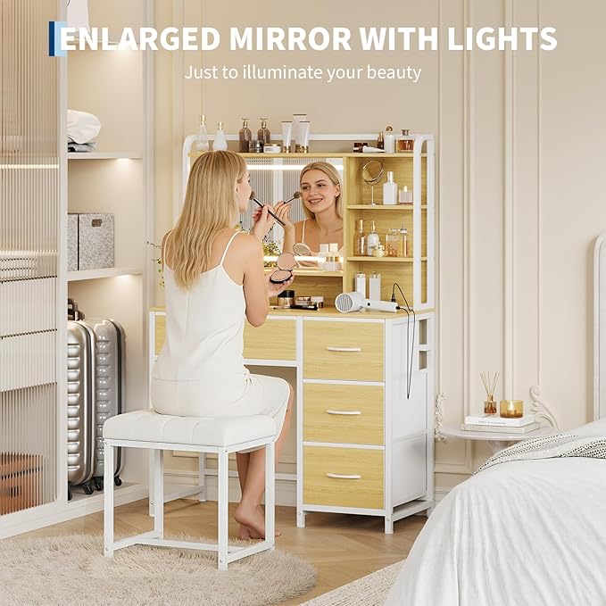 35.4" Vanity Desk with Square Mirror for Bedroom, Makeup Table with 4 Fabric Drawers & Storage Shelves, Modern Dressing Desk for Women Girls