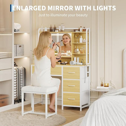 35.4" Vanity Desk with Square Mirror for Bedroom, Makeup Table with 4 Fabric Drawers & Storage Shelves, Modern Dressing Desk for Women Girls